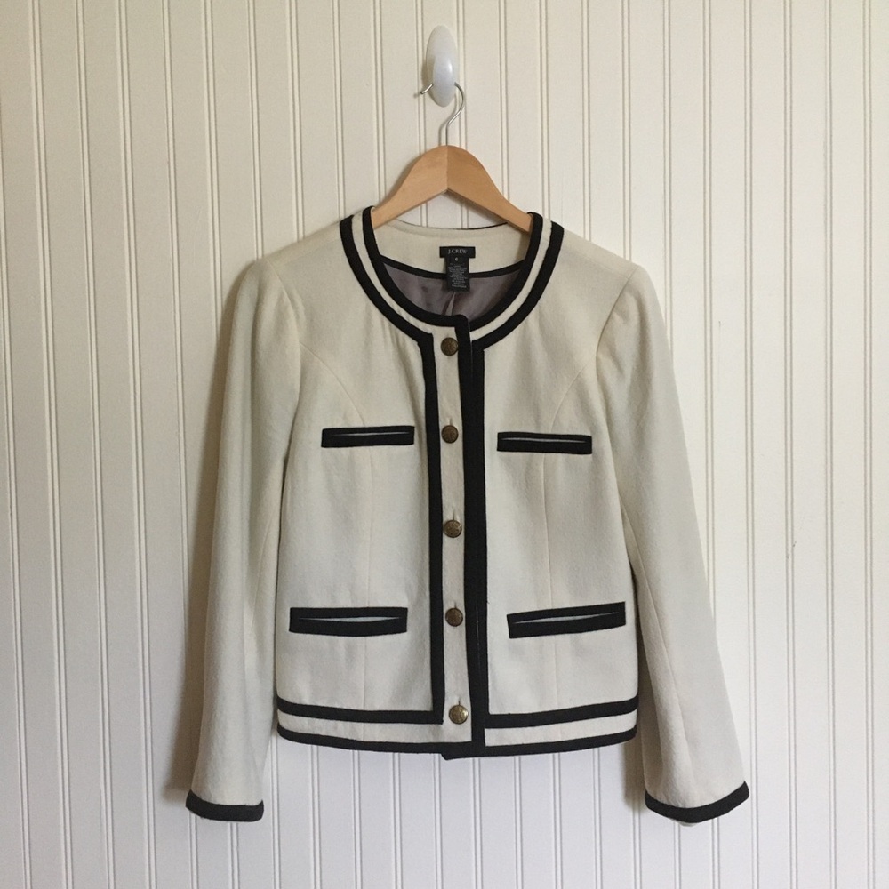 J. Crew Fanfare wool blend lady jacket ivory black contrast trim tipped sz 6 GUC